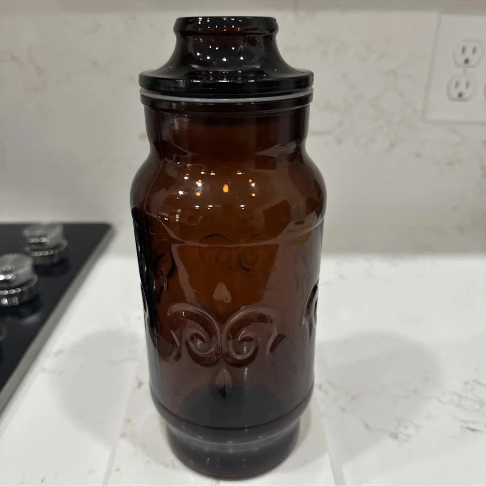 Vintage 1970's Borden Cremora Amber Glass Canister Apothecary Jar Fleur Di Lis